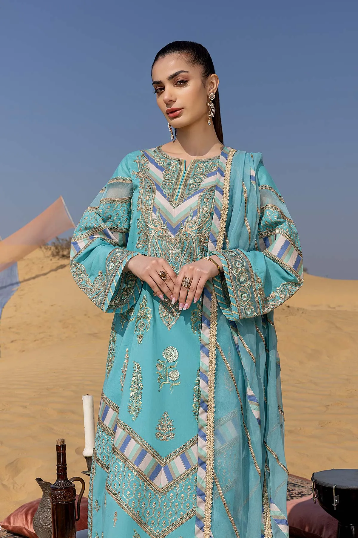 3-Pc Charizma Unstitched Premium Embroidered Lawn With Chiffon Dupatta RM23-09