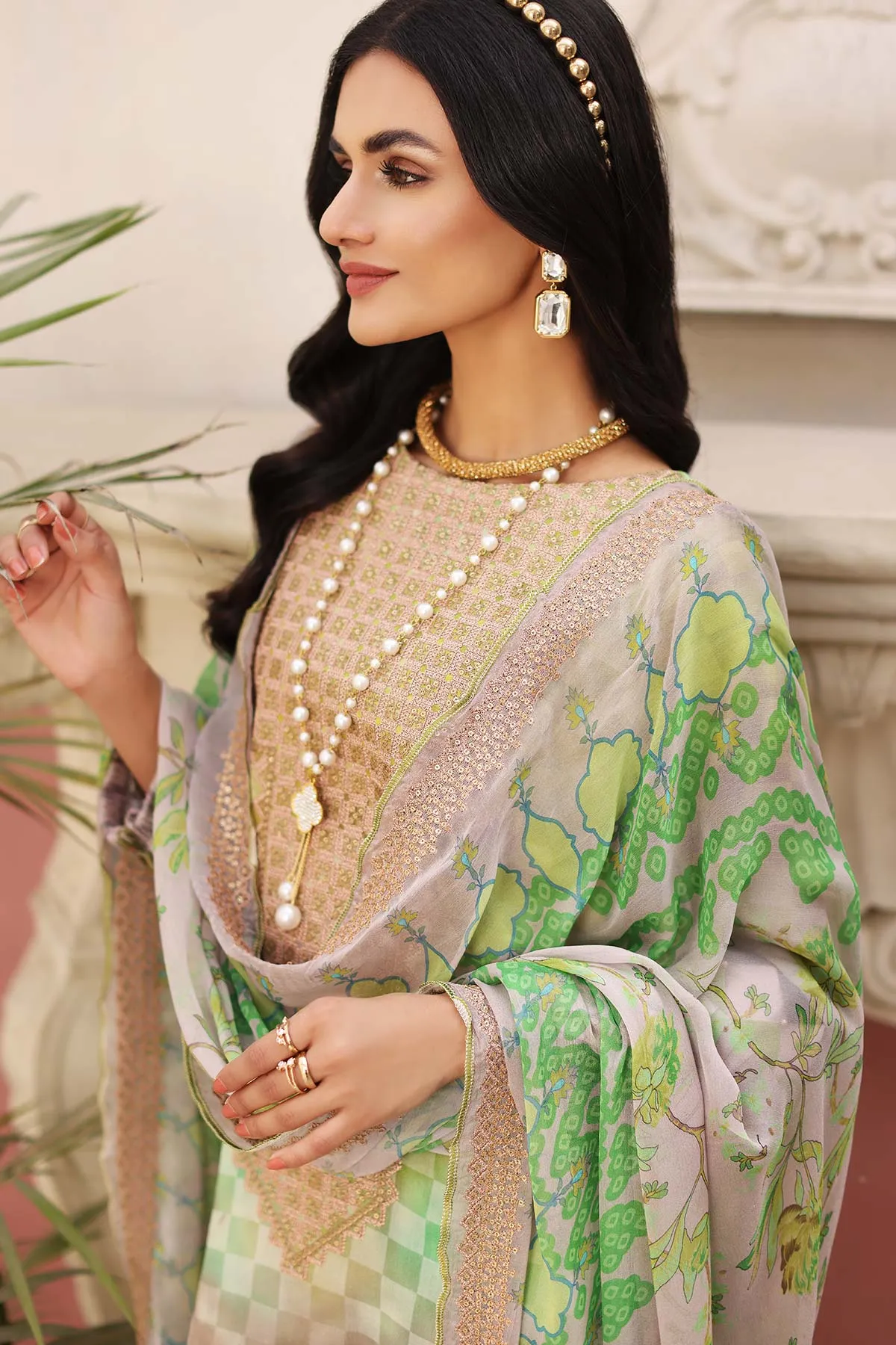 3 Pc Unstitched Embroidered Lawn With Chiffon Dupatta CEL23-15