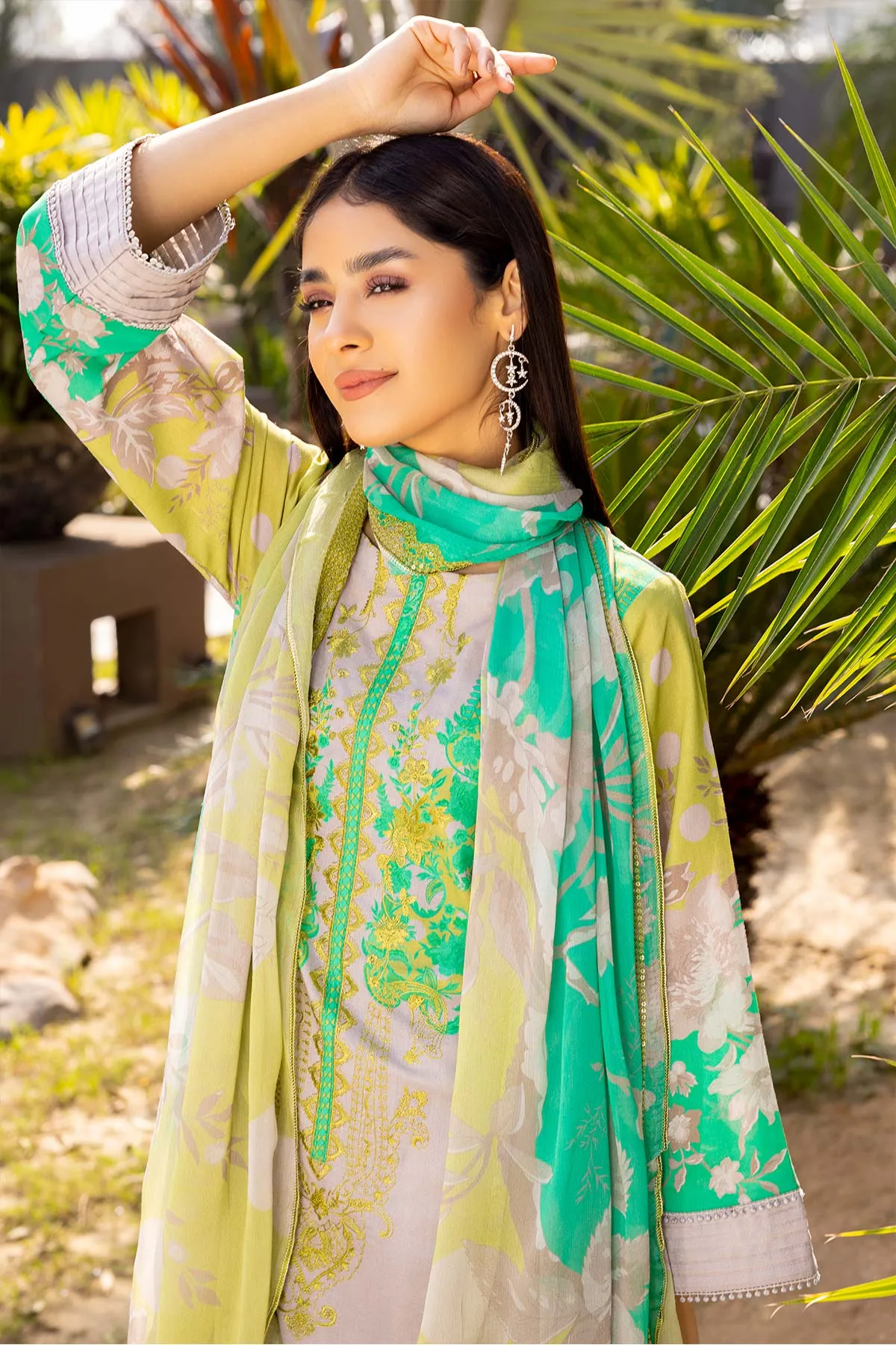 3 Pc Unstitched Embroidered Lawn With Chiffon Dupatta CEL23-24