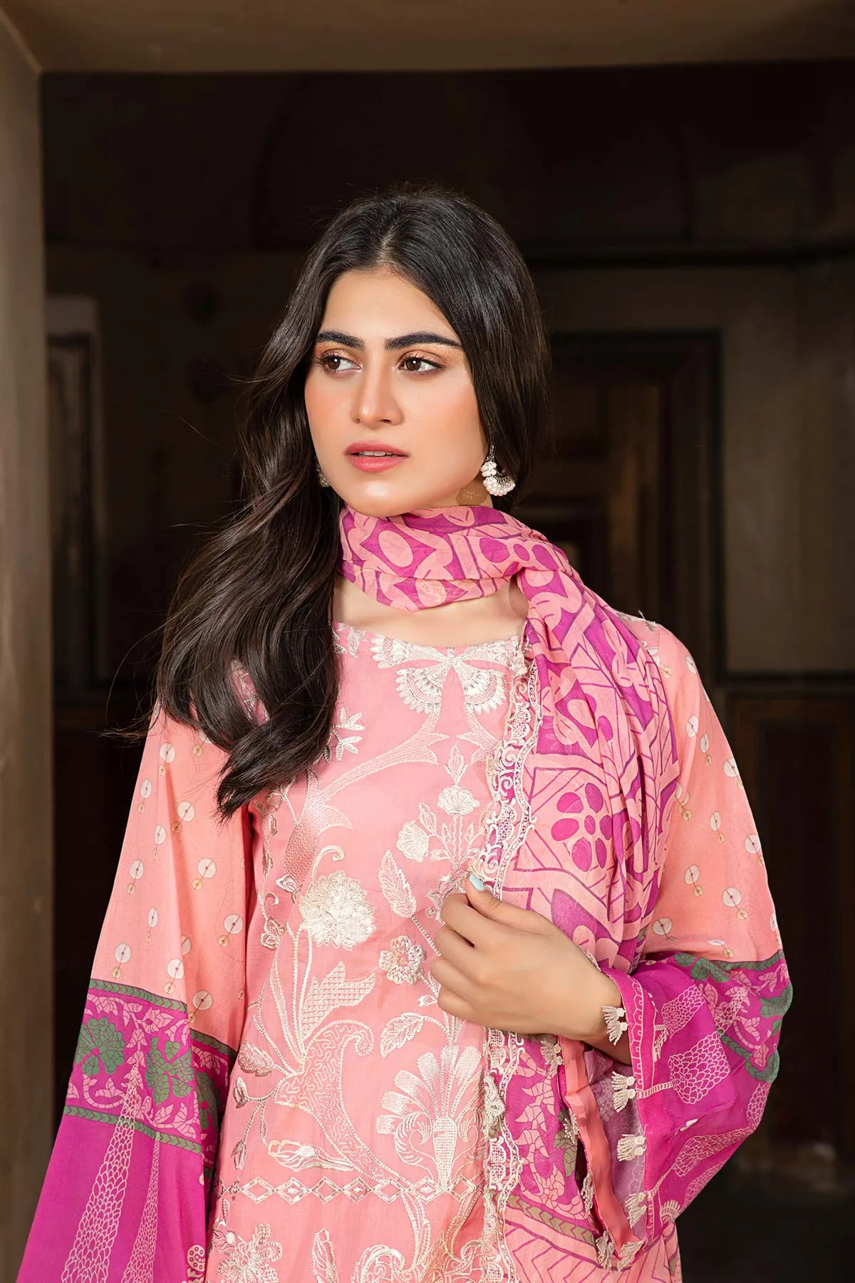 3-Pc Unstitched Embroidered Swiss With Chiffon Dupatta CM-17