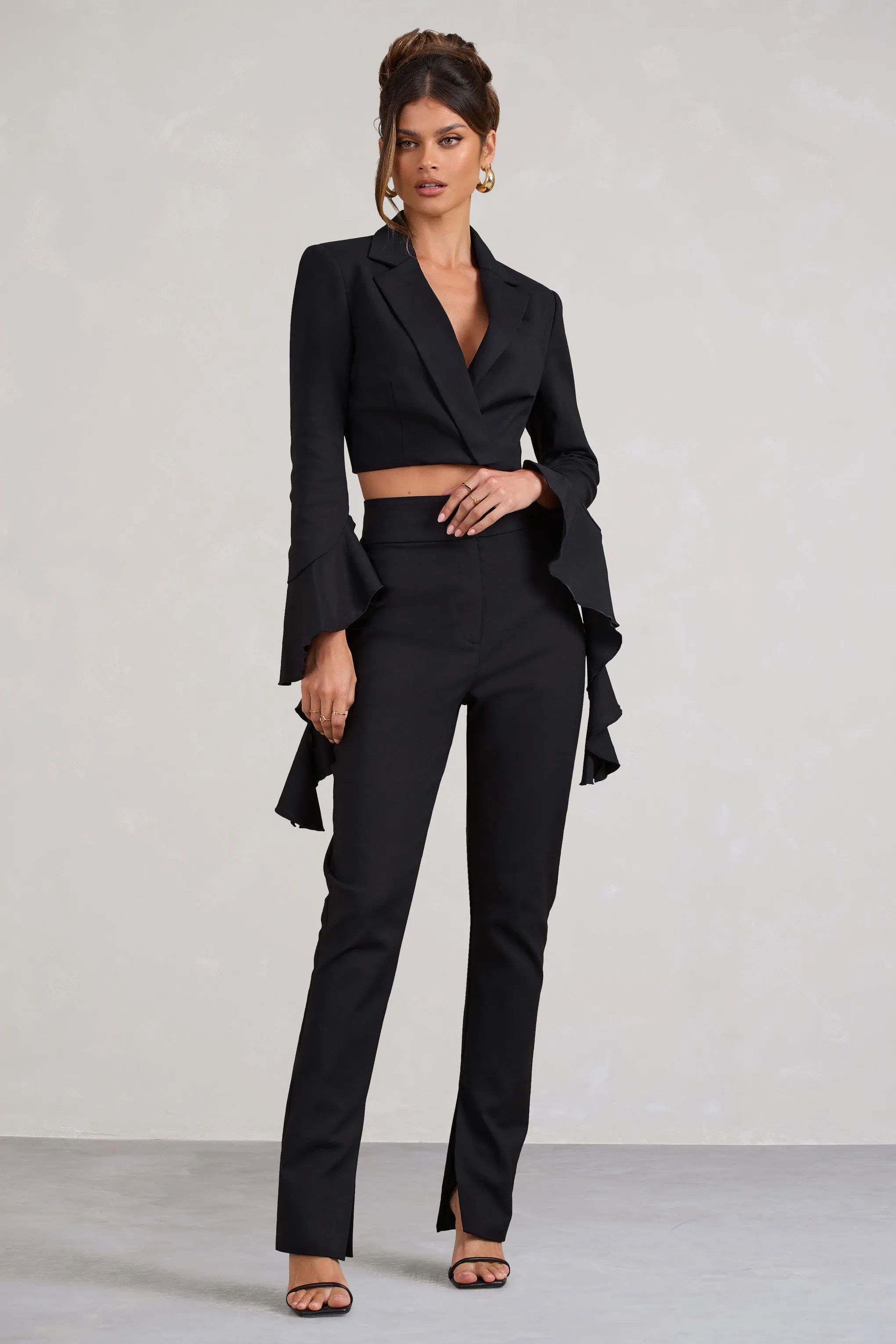 Addilyn | Black Cotton-Blend Tailored Straight-Leg Split Trousers