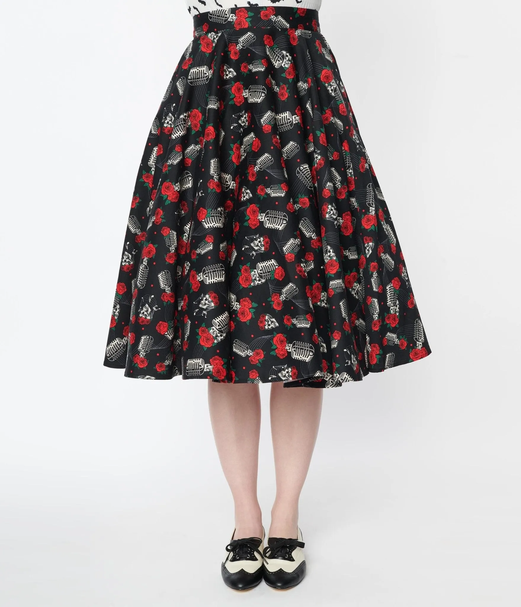 Black & Skull Rose Swing Skirt