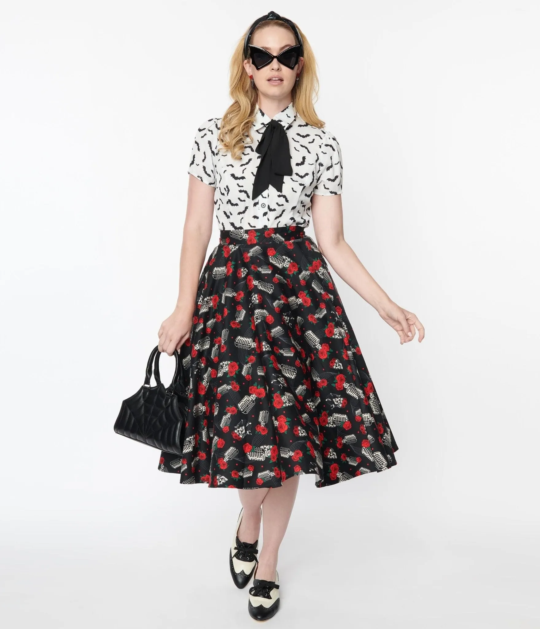 Black & Skull Rose Swing Skirt