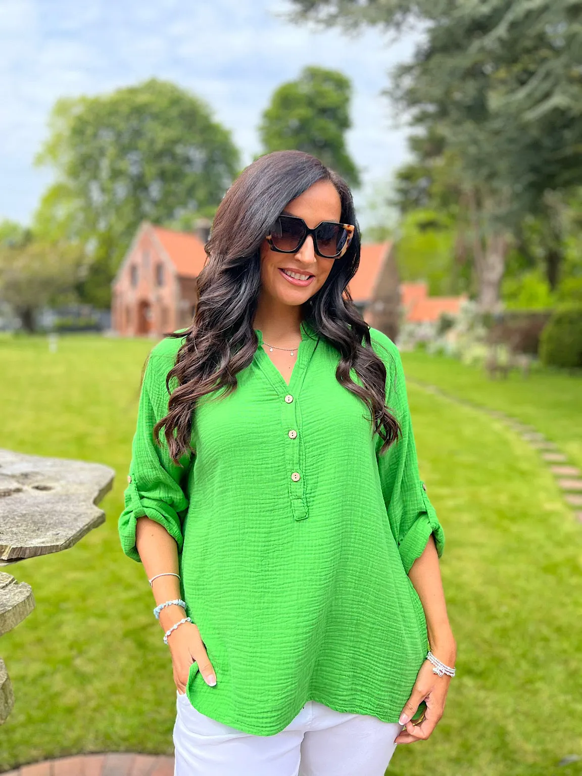 Green Bubble Cotton Lightweight Blouse Dinah