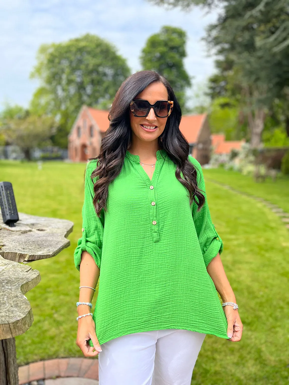 Green Bubble Cotton Lightweight Blouse Dinah