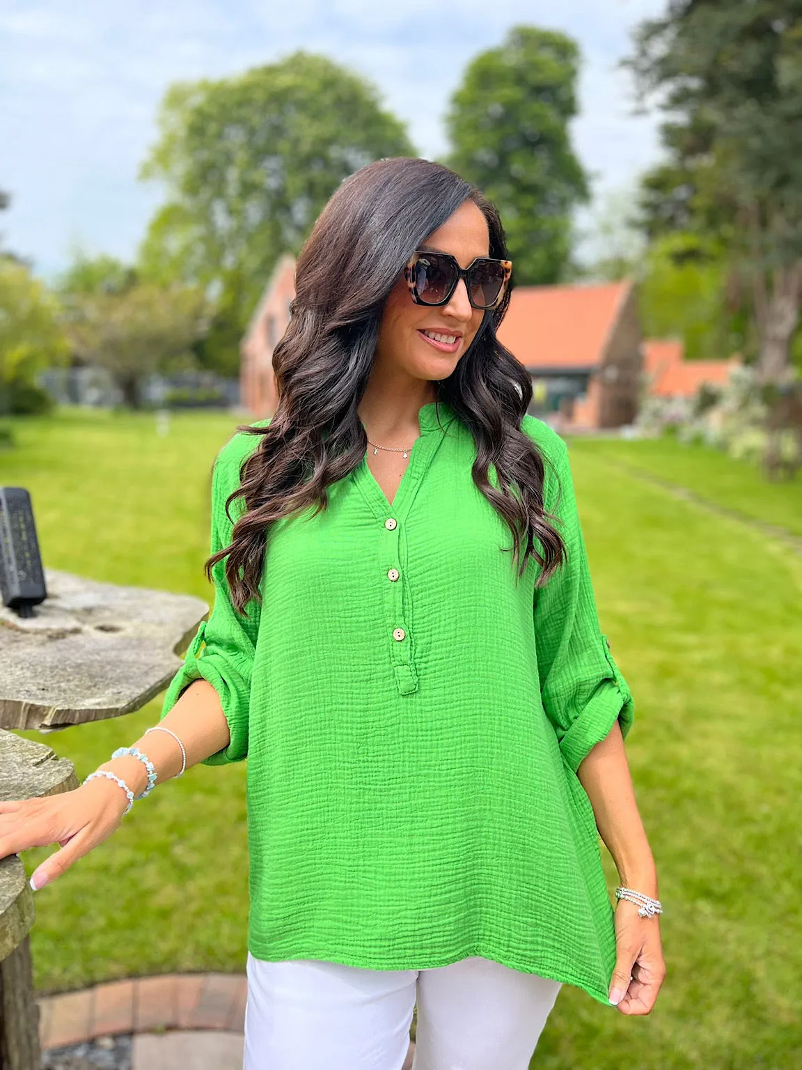 Green Bubble Cotton Lightweight Blouse Dinah