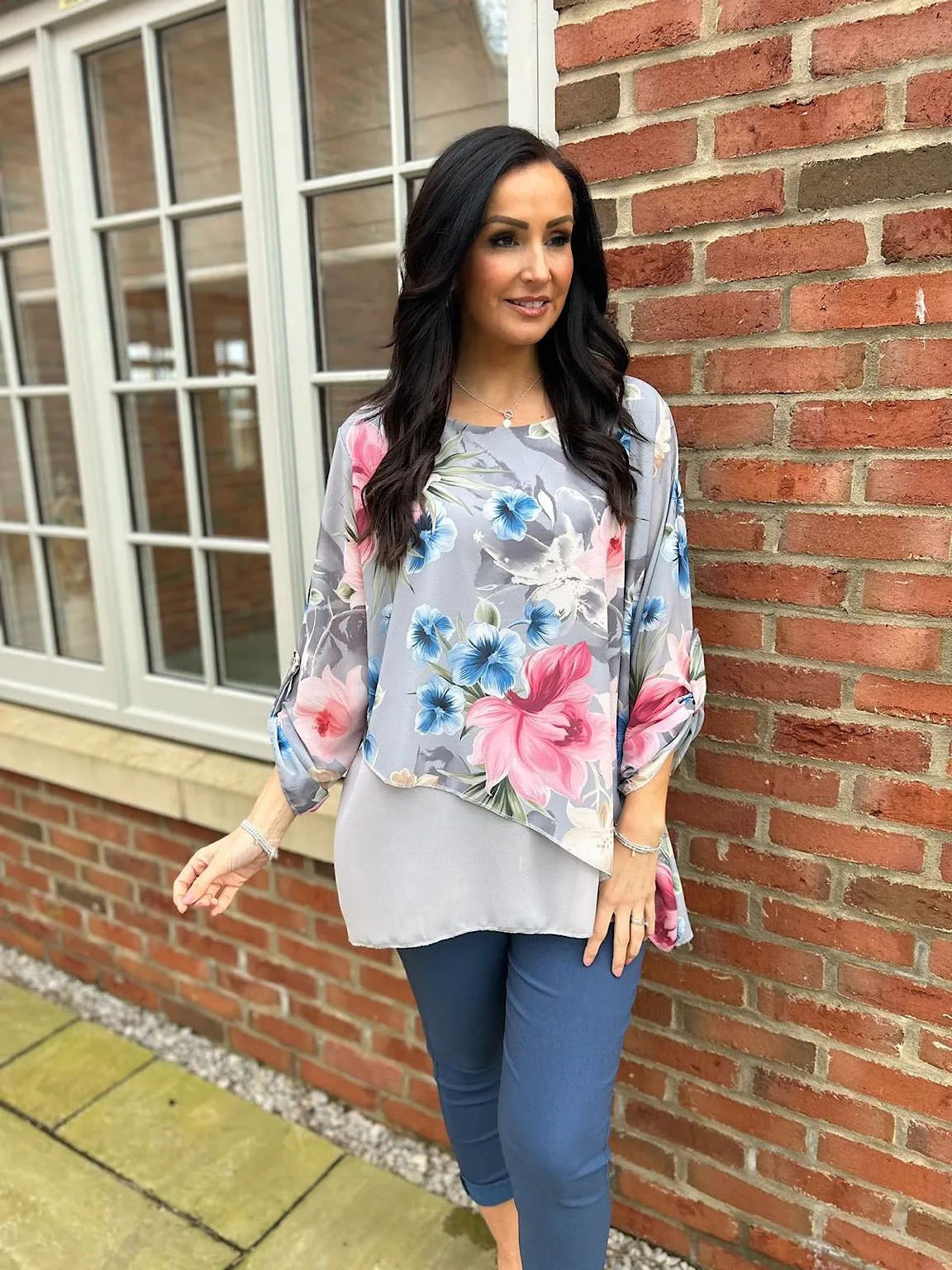 Grey Chiffon Layered Floral Blouse Sienna