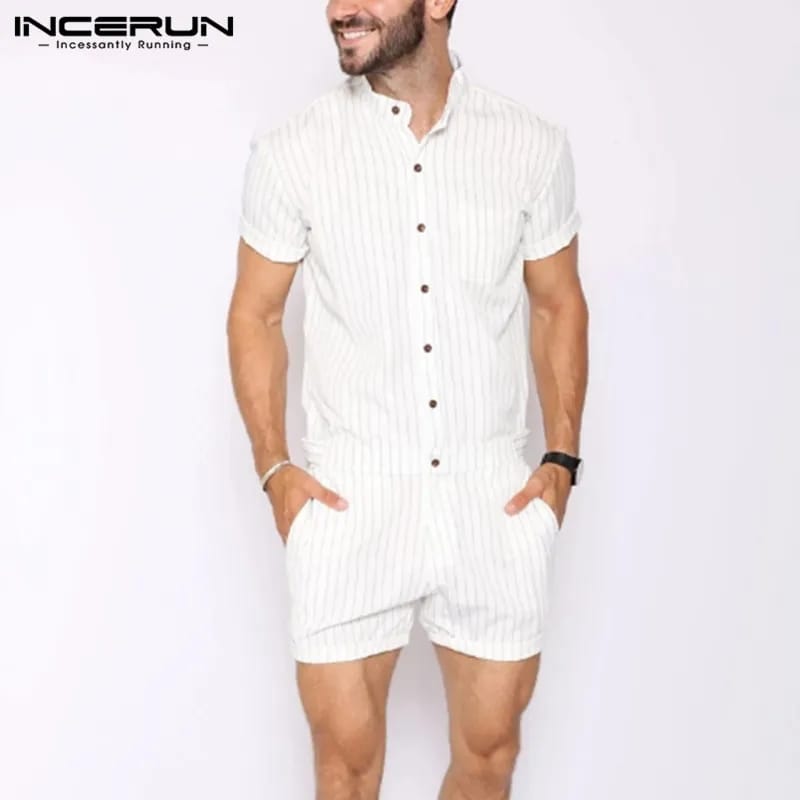 INCERUN Striped Men Rompers Breathable Stand Collar Short Sleeve Joggers Playsuits Streetwear Fashion Men Jumpsuits Shorts S2349