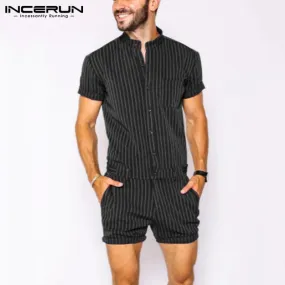 INCERUN Striped Men Rompers Breathable Stand Collar Short Sleeve Joggers Playsuits Streetwear Fashion Men Jumpsuits Shorts S2349