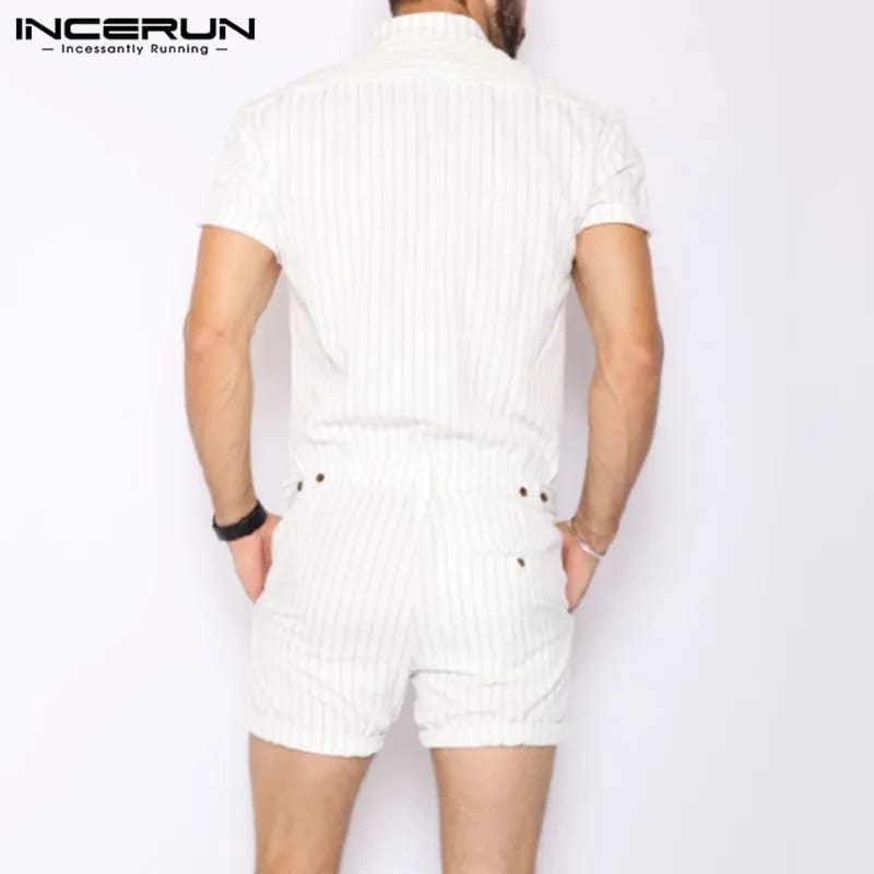 INCERUN Striped Men Rompers Breathable Stand Collar Short Sleeve Joggers Playsuits Streetwear Fashion Men Jumpsuits Shorts S2349