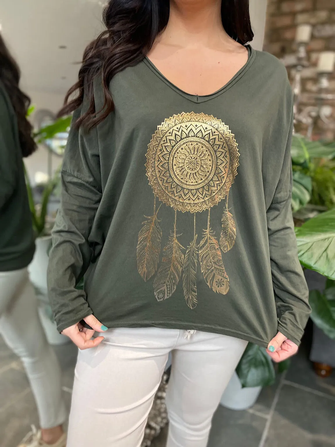 Khaki Dream Catcher V Neck Top Raven