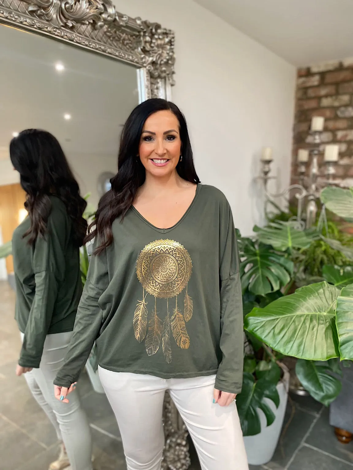 Khaki Dream Catcher V Neck Top Raven