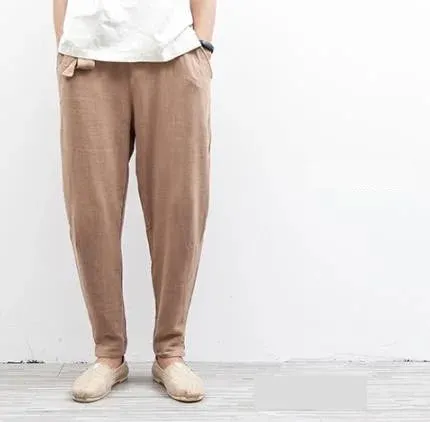 Men's Linen Casual Summer Elastic Waist Loose Fit Harem Trousers