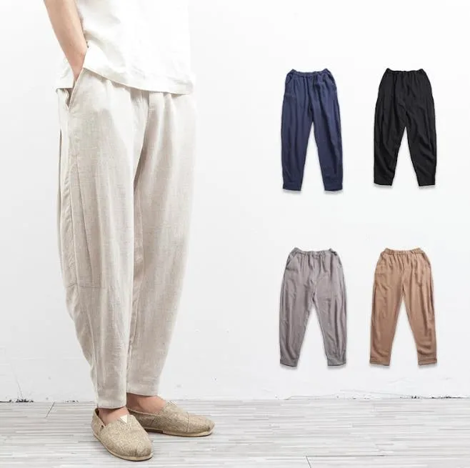 Men's Linen Casual Summer Elastic Waist Loose Fit Harem Trousers