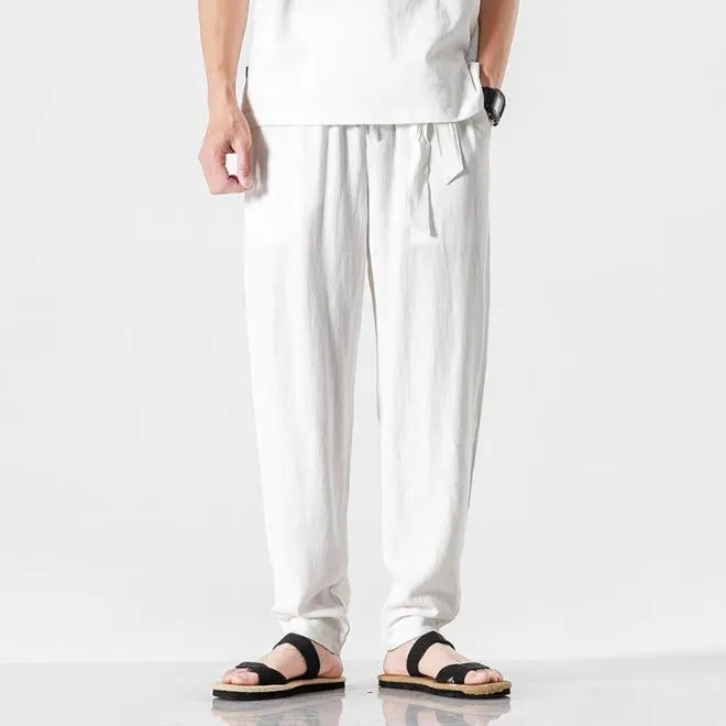 Men's Linen Casual Summer Elastic Waist Loose Fit Harem Trousers