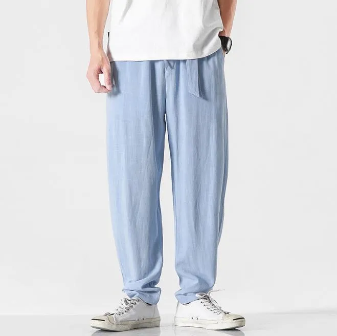 Men's Linen Casual Summer Elastic Waist Loose Fit Harem Trousers