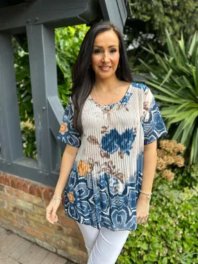 Navy Pleated Colour Blend Floral Blouse Bethany