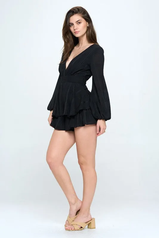 Surplice Front Long Sleeved Tiered Mini Romper