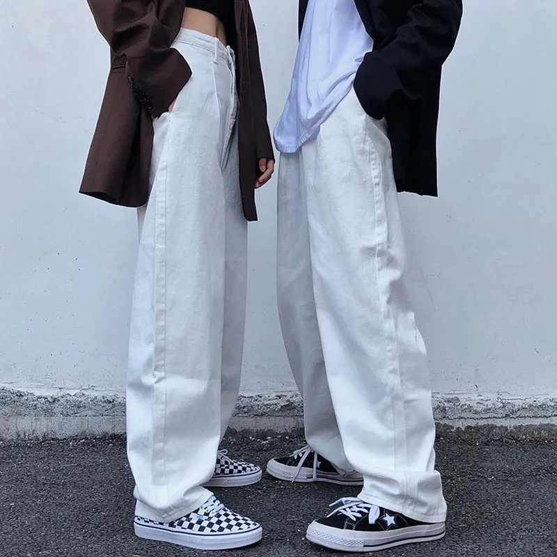 Unisex Hiphop Fashion White Loose Straight Streetwear Jeans Trousers