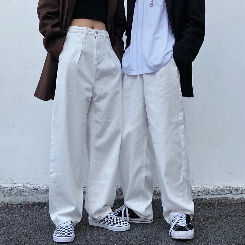 Unisex Hiphop Fashion White Loose Straight Streetwear Jeans Trousers