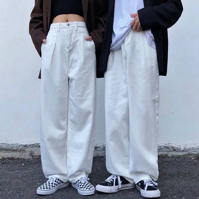 Unisex Hiphop Fashion White Loose Straight Streetwear Jeans Trousers