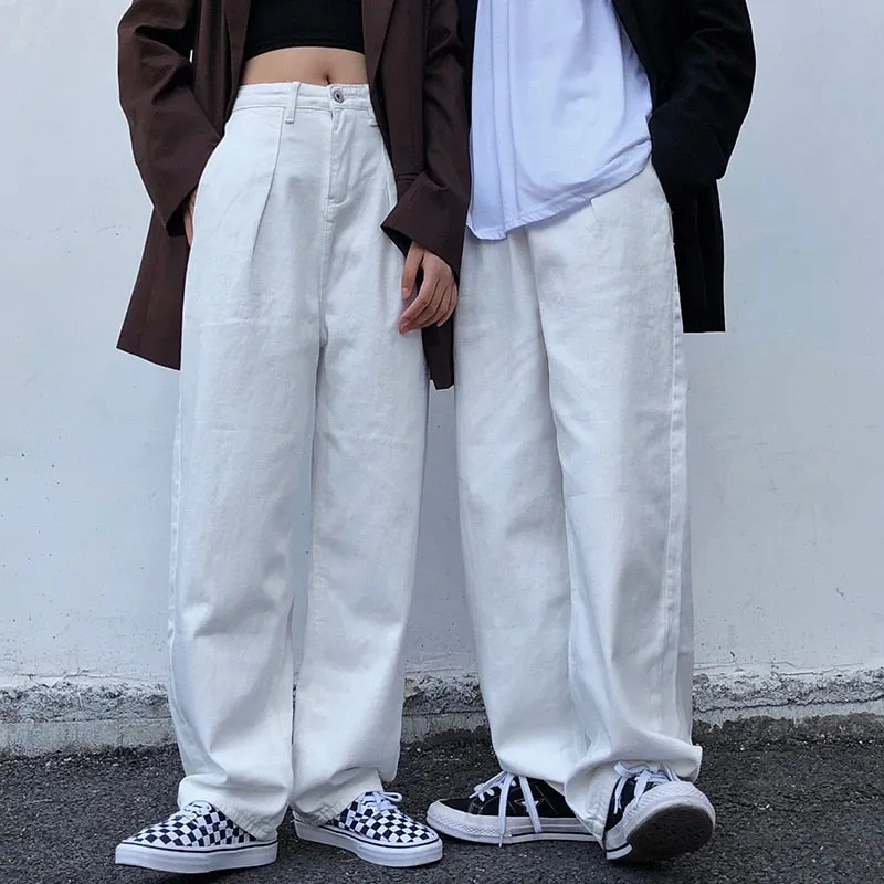 Unisex Hiphop Fashion White Loose Straight Streetwear Jeans Trousers