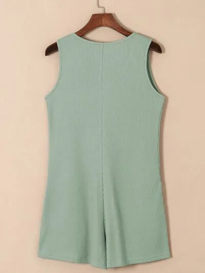 Waffle-Knit Half Button Sleeveless Romper with Pockets