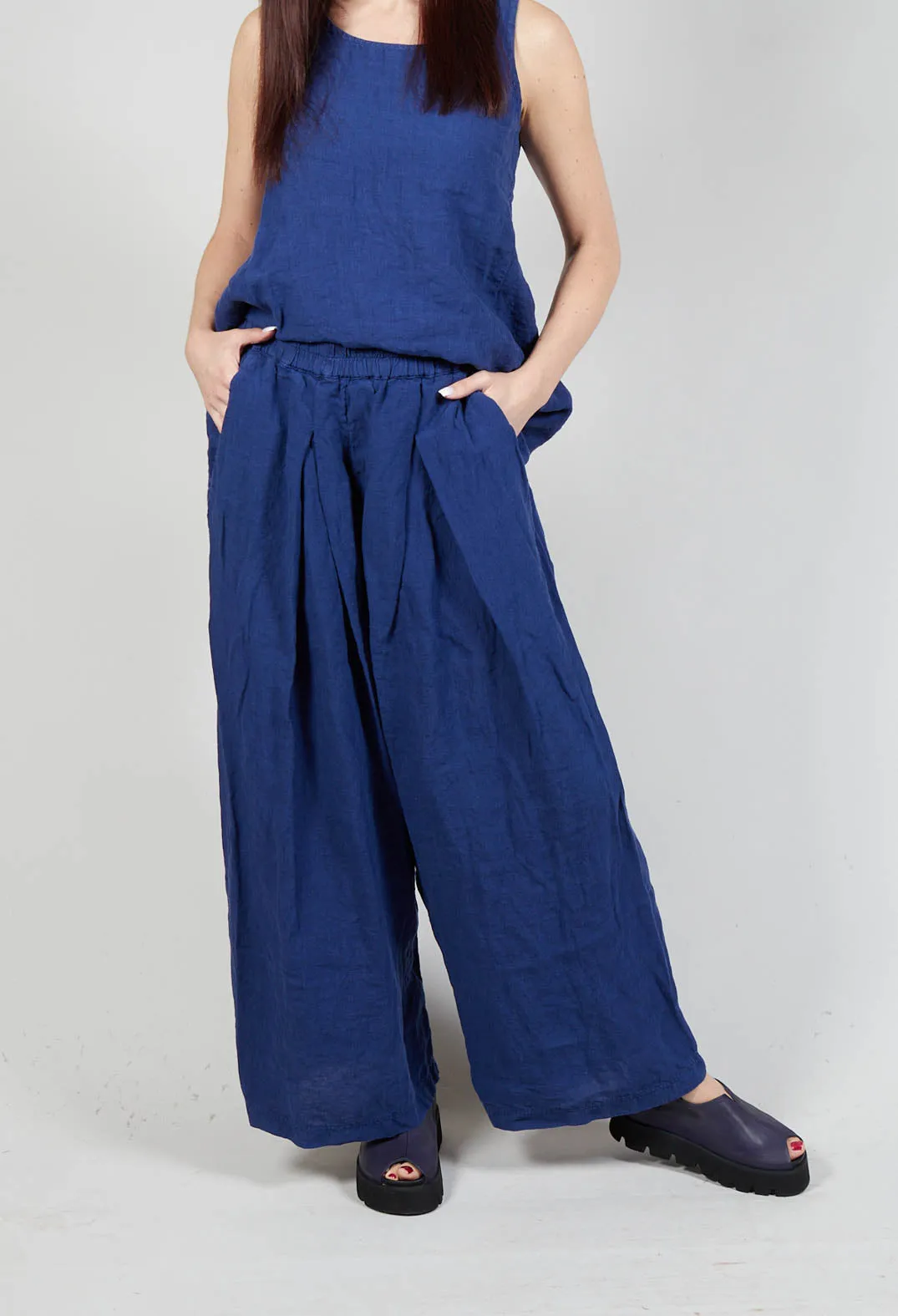 Wide Leg Drop Crotch Linen Trousers in Azur