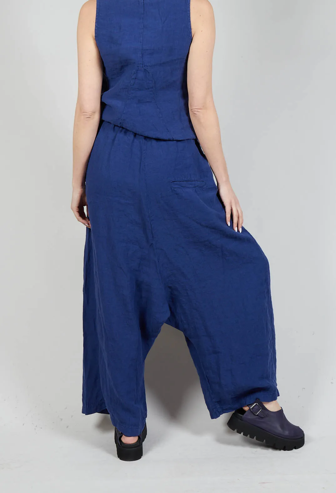 Wide Leg Drop Crotch Linen Trousers in Azur