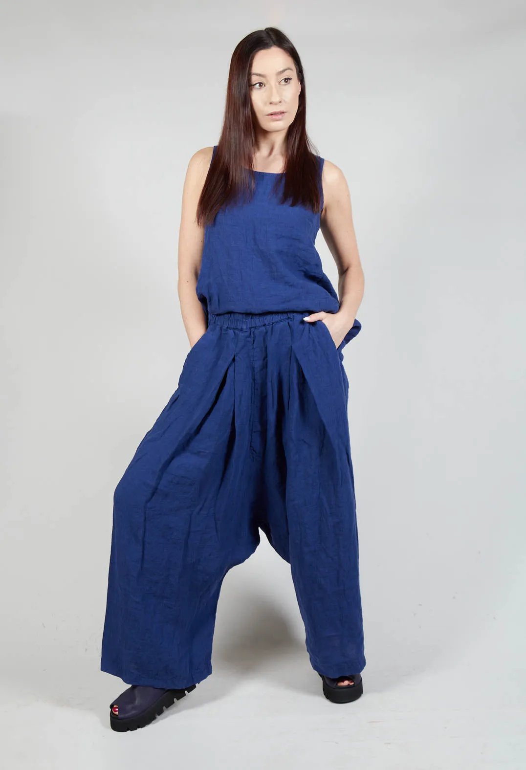 Wide Leg Drop Crotch Linen Trousers in Azur