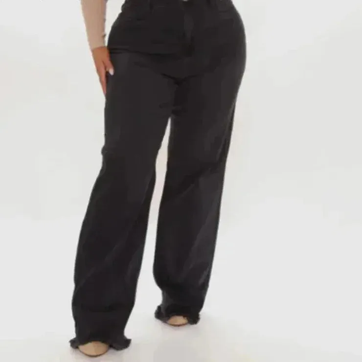 Women's Black Denim Military Style Full Length Wide Leg Trousers