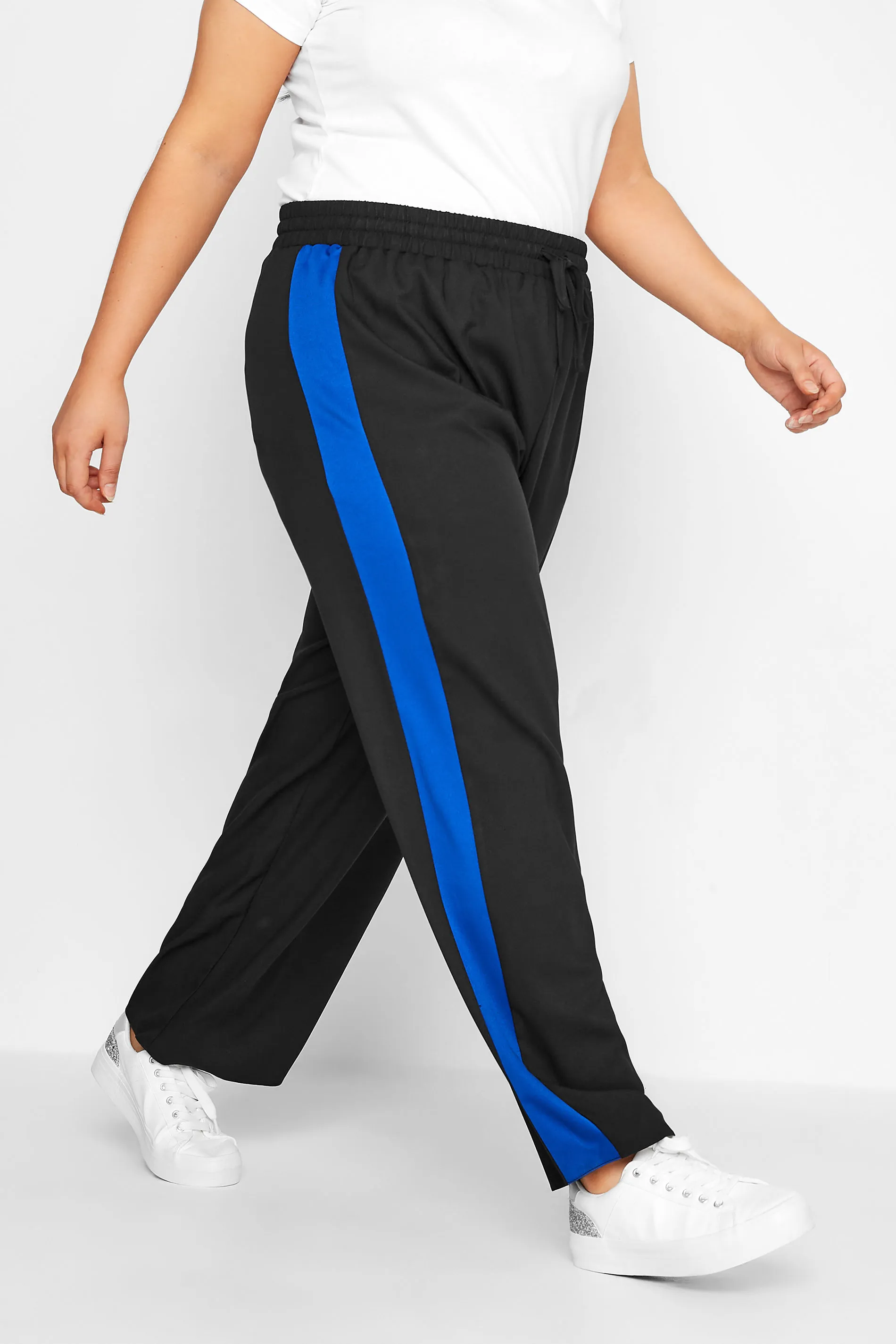 YOURS Curve Black & Blue Contrast Stripe Wide Leg Trousers