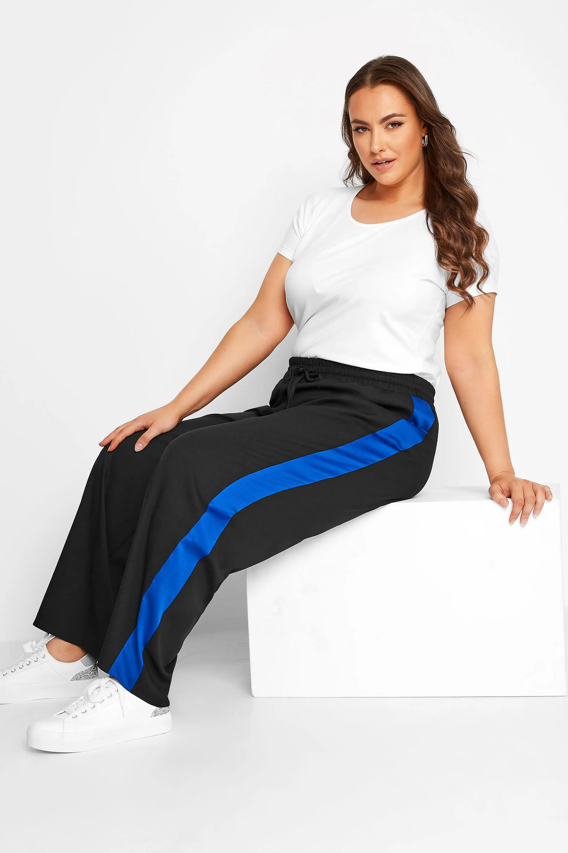 YOURS Curve Black & Blue Contrast Stripe Wide Leg Trousers