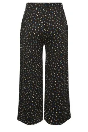 YOURS Curve Black Ditsy Print Wide Leg Trousers