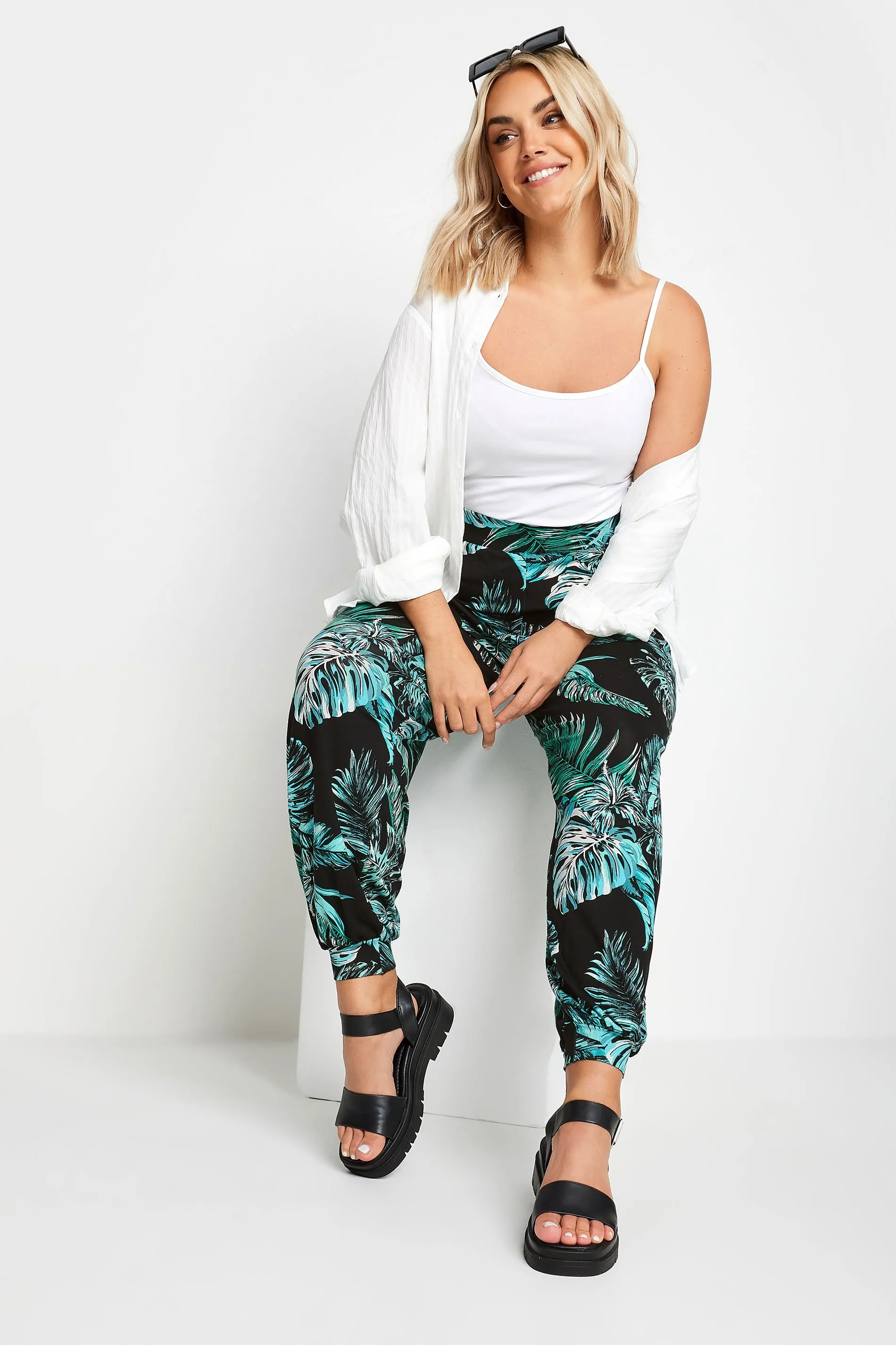 YOURS Curve Black Leaf Print Cuffed Harem Trousers