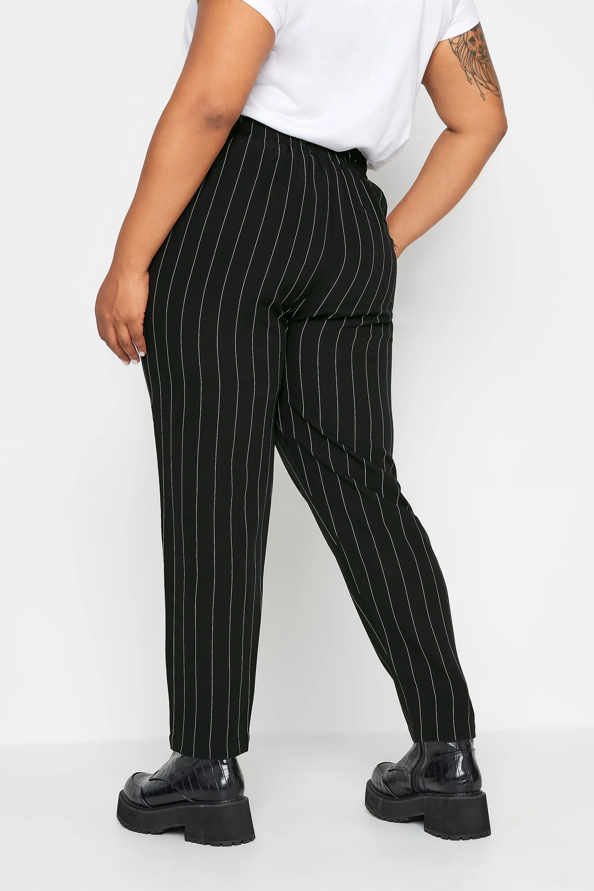 YOURS Curve Black Stripe Print Darted Waist Tapered Trousers