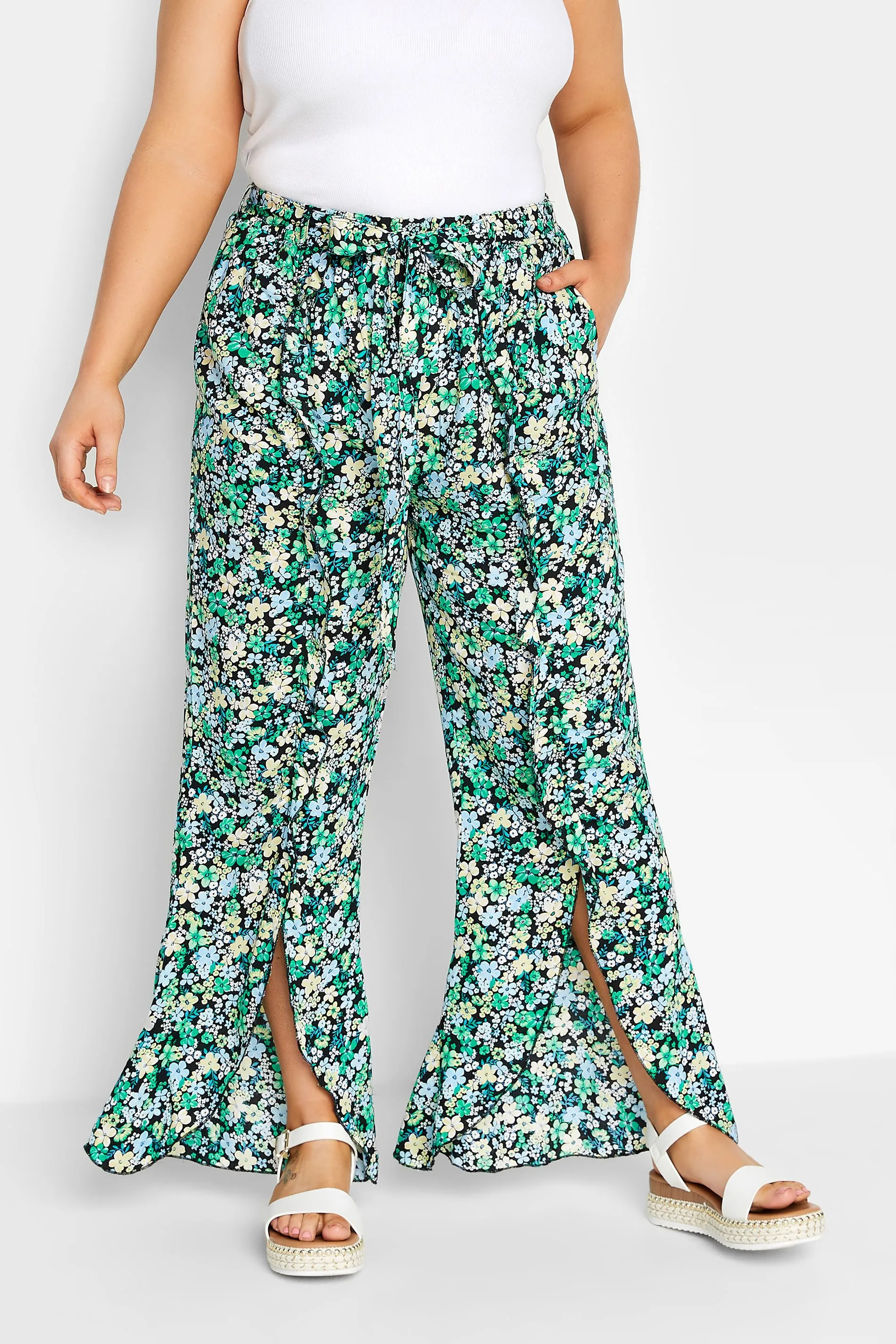 YOURS Curve Green Floral Print Frill Wide Leg Trousers