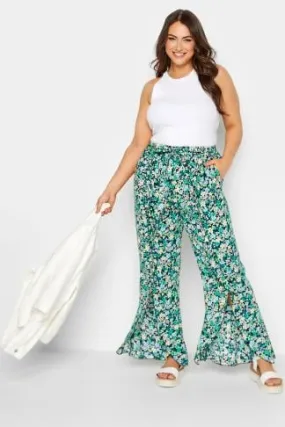 YOURS Curve Green Floral Print Frill Wide Leg Trousers