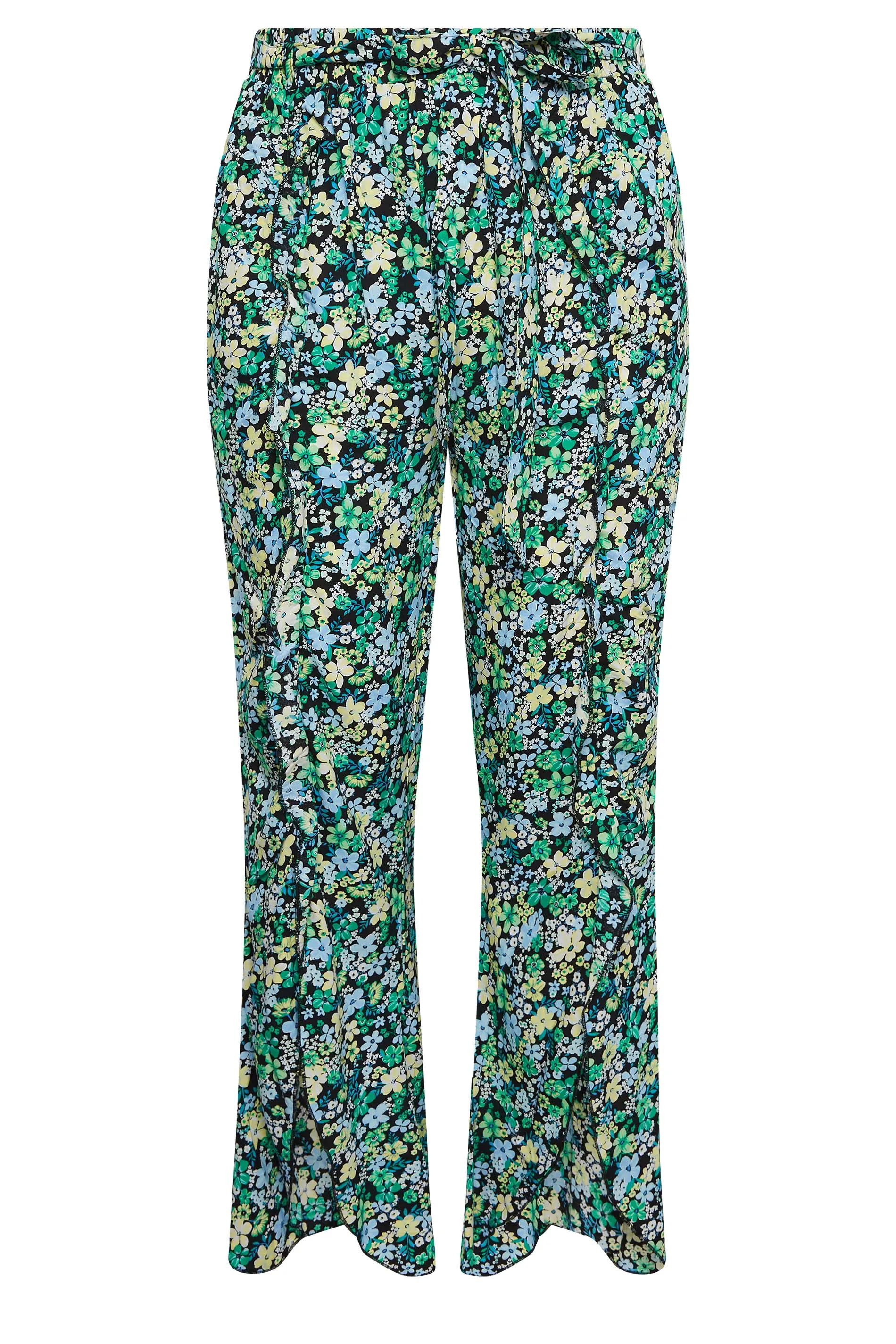 YOURS Curve Green Floral Print Frill Wide Leg Trousers