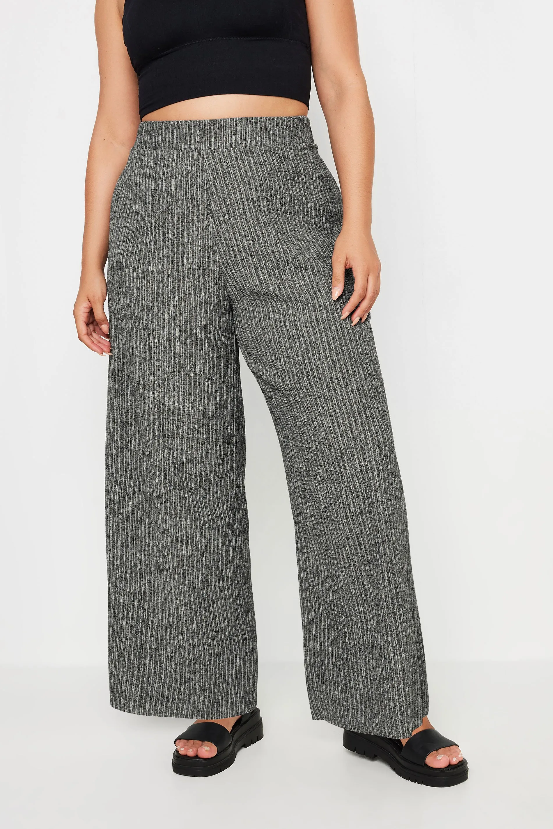 YOURS Curve Grey Stripe Print Textured Wide Leg Trousers