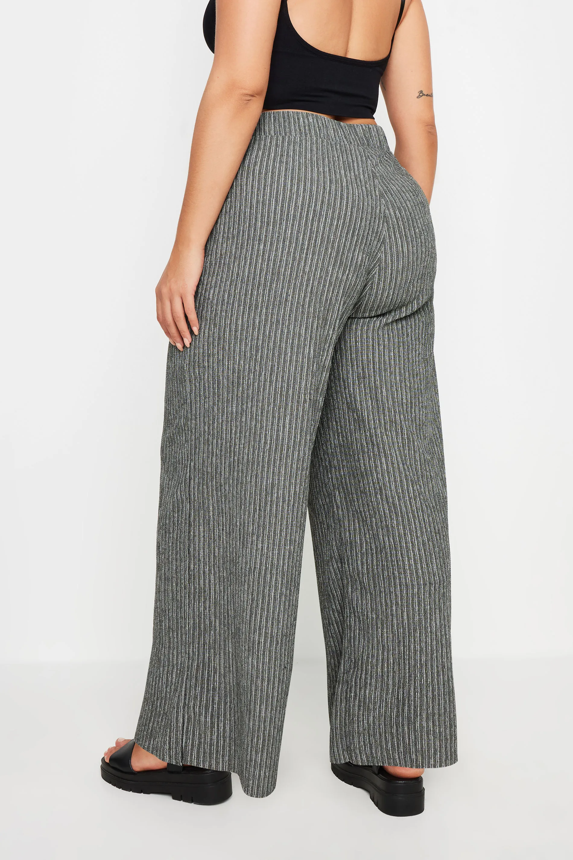 YOURS Curve Grey Stripe Print Textured Wide Leg Trousers