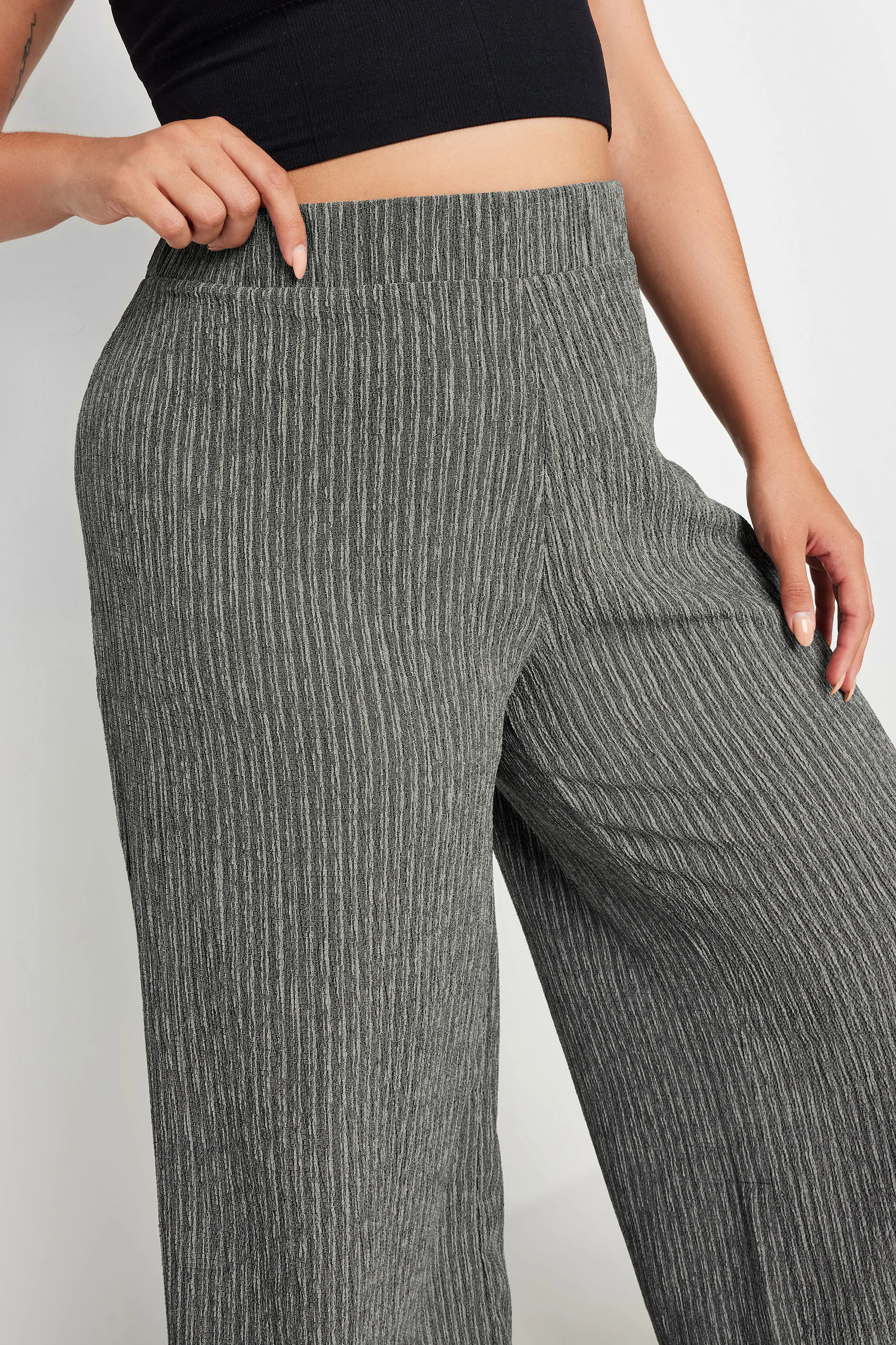 YOURS Curve Grey Stripe Print Textured Wide Leg Trousers