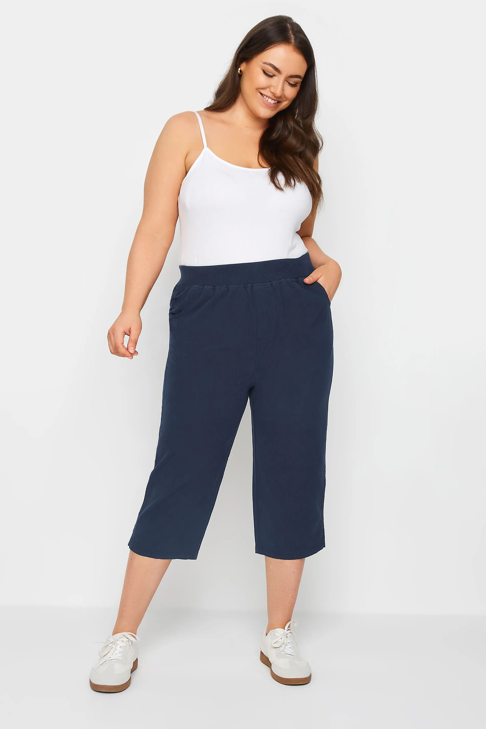 YOURS Curve Navy Blue Elasticated Cool Cotton Cropped Trousers