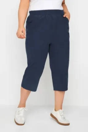 YOURS Curve Navy Blue Elasticated Cool Cotton Cropped Trousers