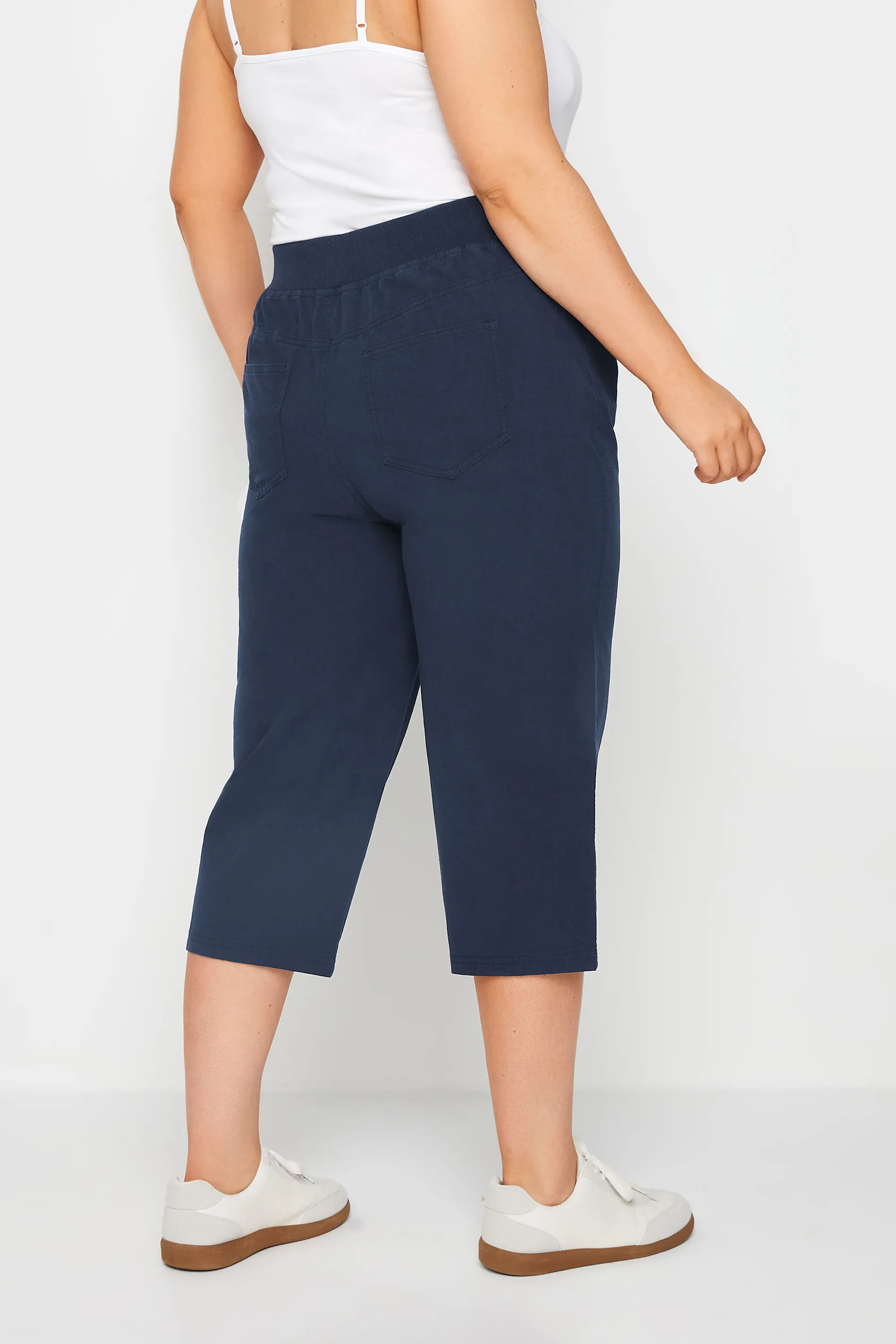 YOURS Curve Navy Blue Elasticated Cool Cotton Cropped Trousers