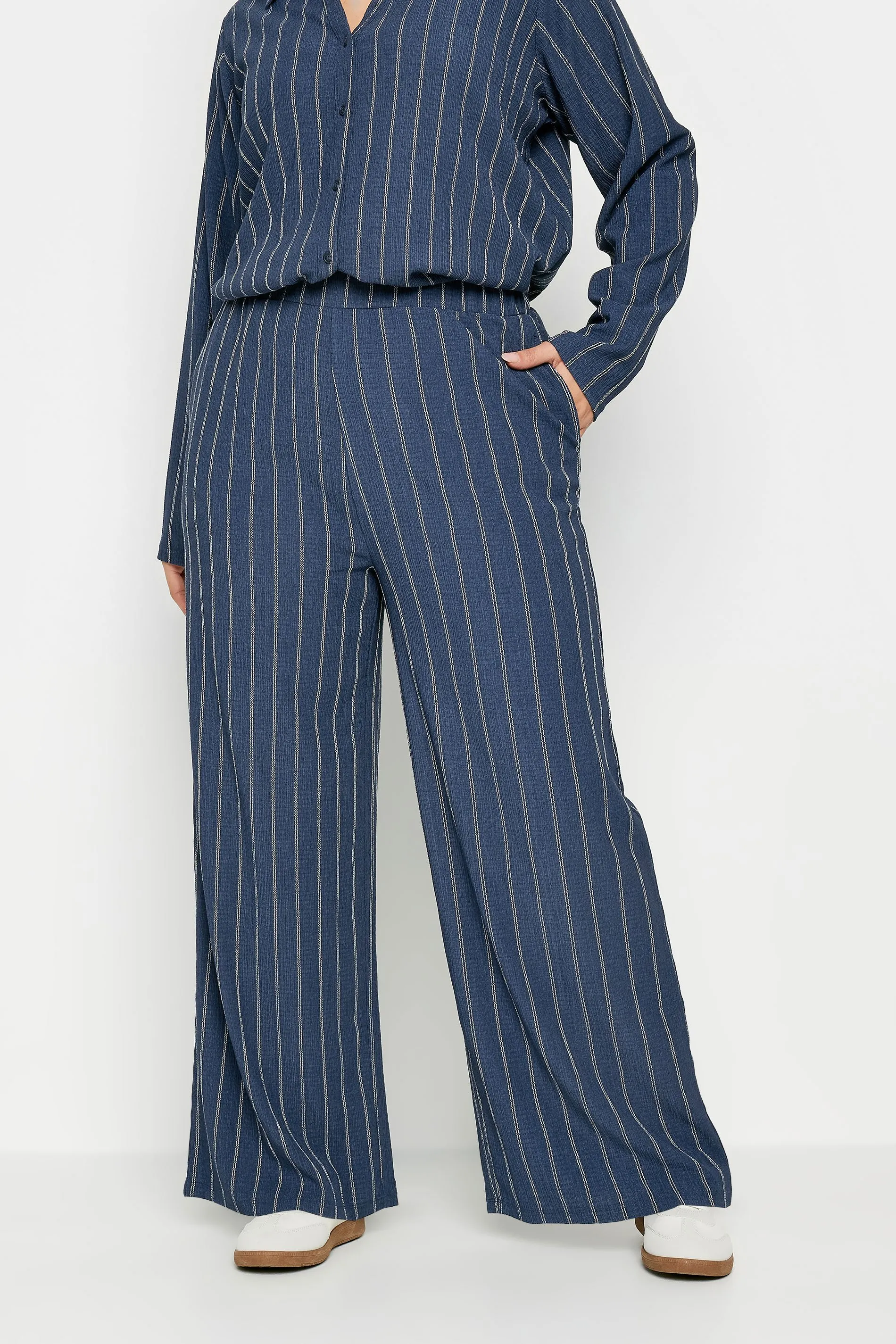 YOURS Curve Navy Blue Textured Pinstripe Wide Leg Trousers