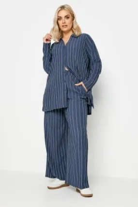 YOURS Curve Navy Blue Textured Pinstripe Wide Leg Trousers