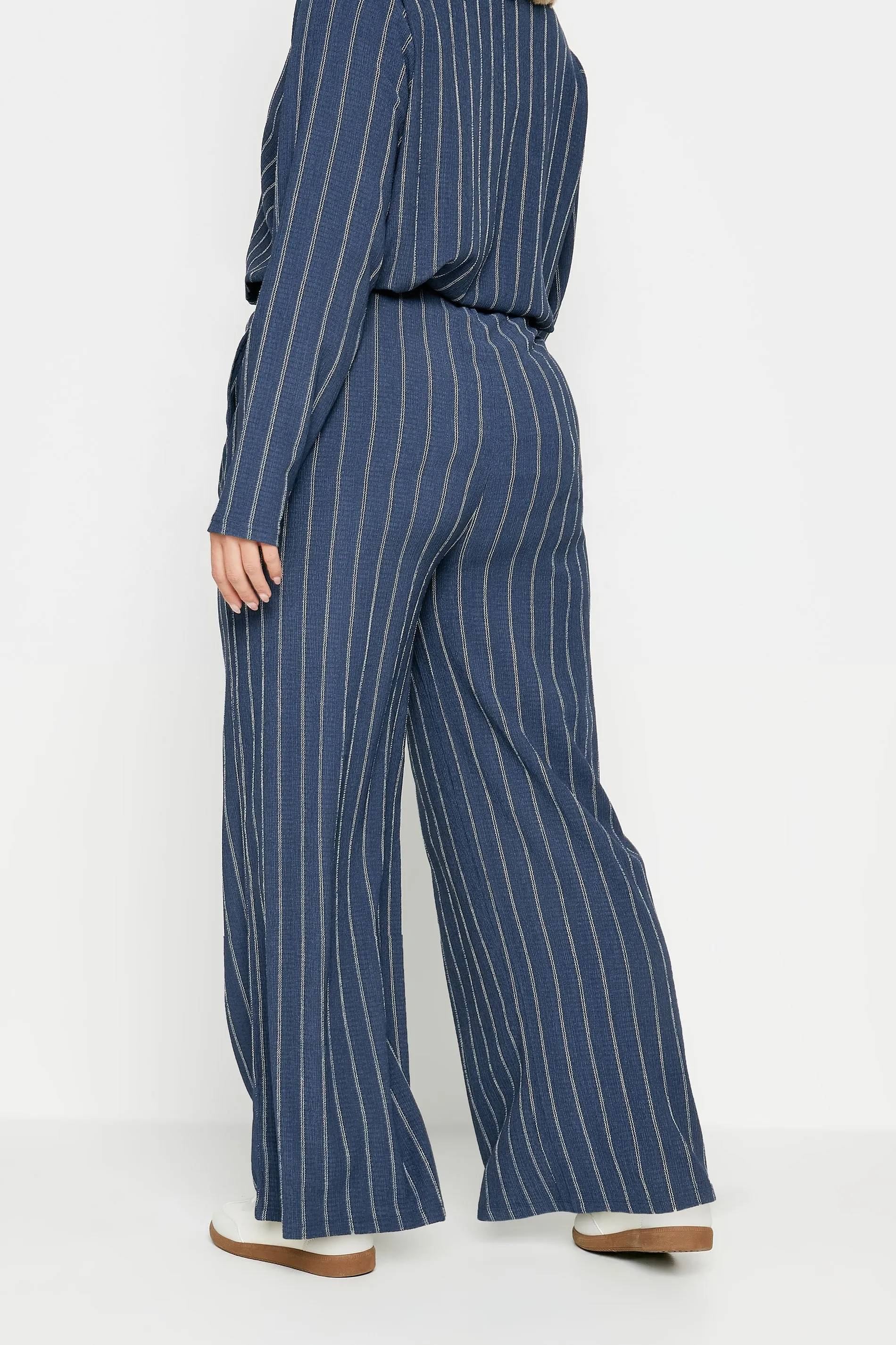 YOURS Curve Navy Blue Textured Pinstripe Wide Leg Trousers