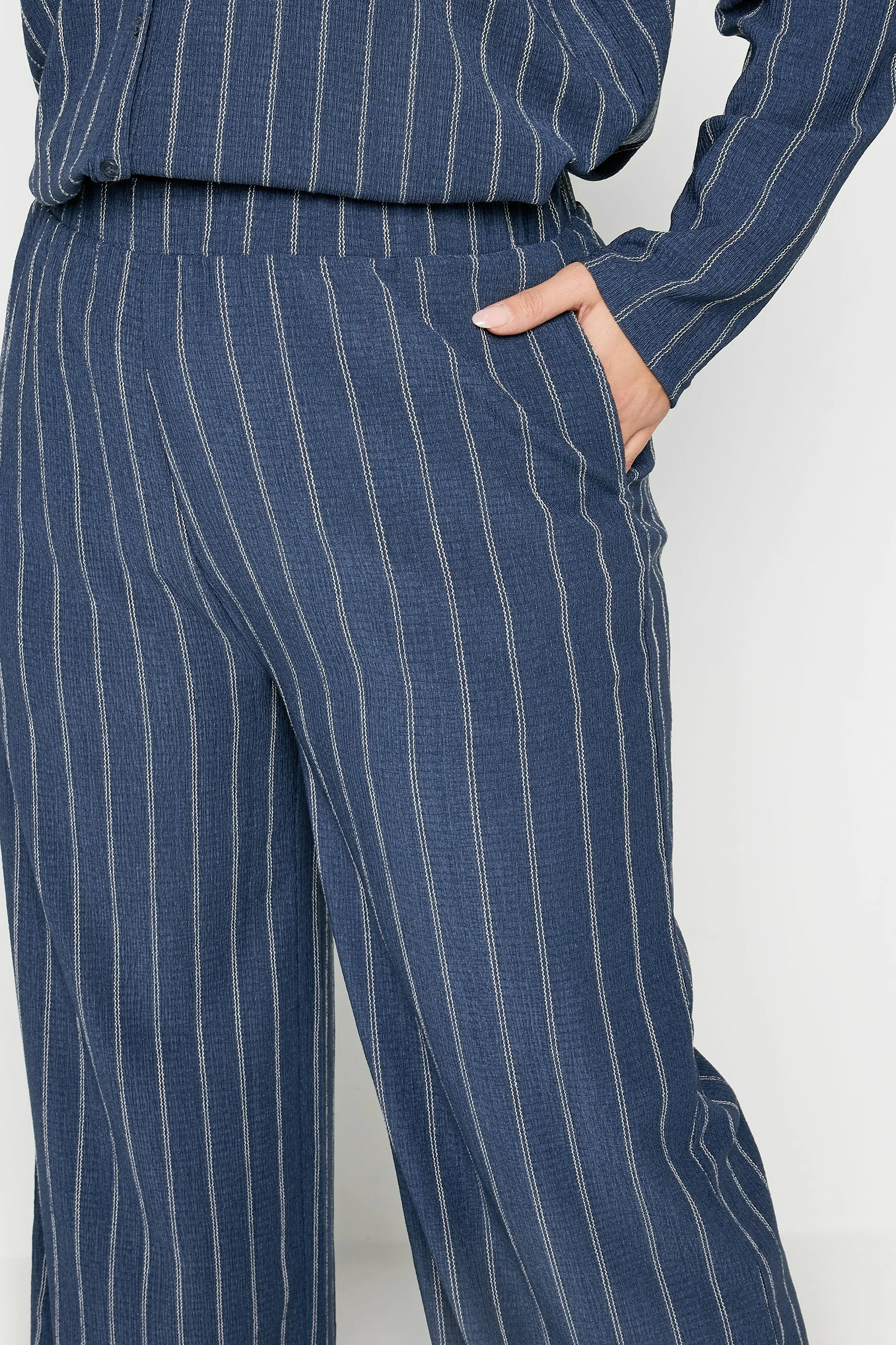 YOURS Curve Navy Blue Textured Pinstripe Wide Leg Trousers