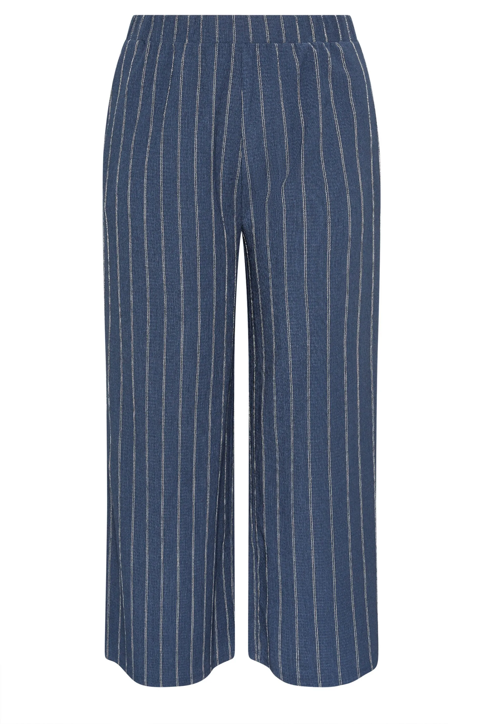 YOURS Curve Navy Blue Textured Pinstripe Wide Leg Trousers